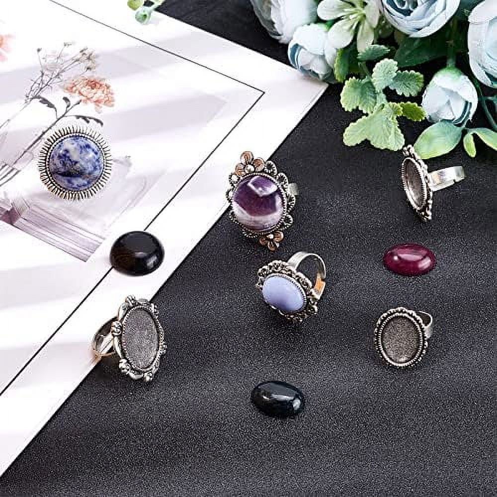 12pcs 6 Styles Antique Silver Ring Settings Adjustable Blank Hollow Flower  Oval Round with Colorful Gemstone Cabochons Ring Making Kit for DIY Jewelry  Making Crafts Supplies 